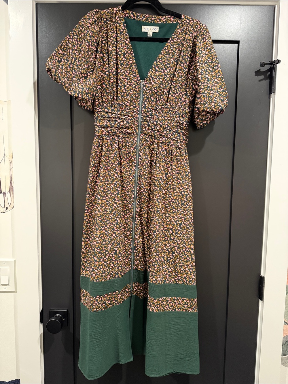 She + Sky Green Floral Maxi Dress with Front Zip